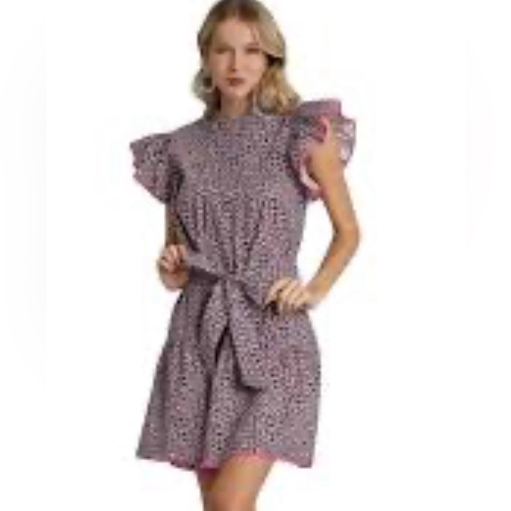 Umgee Black Hot Pink Dress Flower Print Short Flutter Sleeve Belted Woman Large